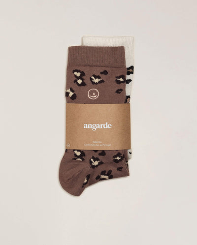 Pack de 2 paires de chaussettes femme léopard, blanc-chocolat Angarde packshot cavalier